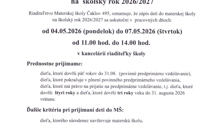 Fotka - Zápis detí do MŠ šk.r.2026/2027
